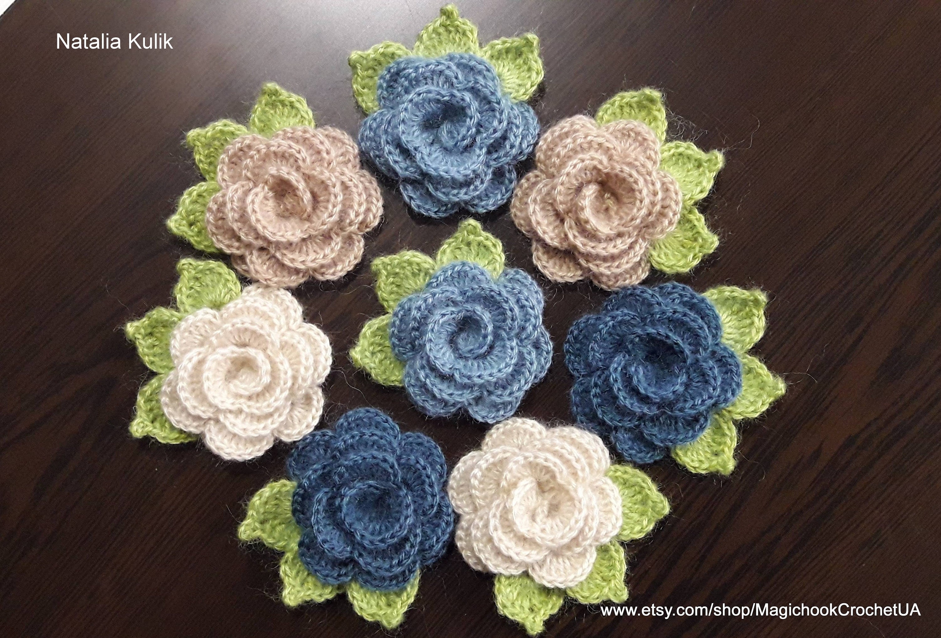 Crocheted Small Rose With Green Leaves3d Crochet Flowers - Etsy