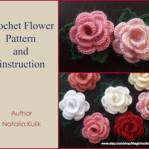 Crochet Small Flower Pattern PDF, Rose 3D Applique with green leaves, Knitted Floral Decor for hat, Crocheted, Instant Download, Pattern #12
