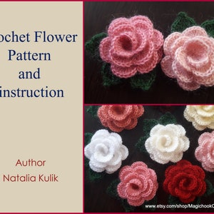 かぎ針編みの小さな花のパターン PDF、緑の葉とバラの 3D アップリケ、帽子用のニットの花の装飾、かぎ針編み、インスタント ダウンロード、パターン #12