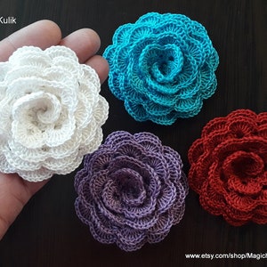 Crochet flowers cotton applique, 3D Large Rose for hats, Set of 4 pcs, Decorative Flower for hair, Decor, Scrapbooking,Beautiful