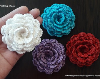 Crochet flowers cotton applique, 3D Large Rose for hats, Set of 4 pcs, Decorative Flower for hair, Decor, Scrapbooking,Beautiful,Big,size 3"