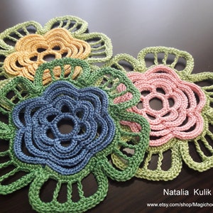 Crochet Flowers Applique, Leaf, 3D Large Rose, Irish, Handmade, Kit Flower Decor, Scrapbooking, Decorative, Beautiful, Big, size 3,5", 9 cm