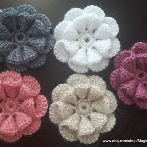 Fleurs en laine au crochet, Applique, Petite Rose 3D, Décor floral tricoté, Scrap Fleurs de laine décoratives, Grand, Beau volume, Ensemble 5 pcs