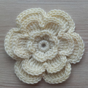May include: A crocheted flower with six petals in a cream color. The flower is made with a single crochet stitch and has a center circle.