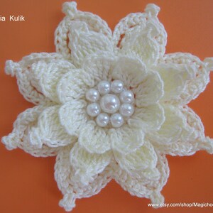 May include: A white crocheted flower with a center of white pearl beads.