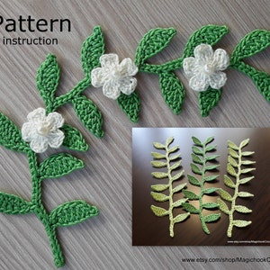 Crochet Leaf Branch Pattern PDF, Small Flower Applique cotton, green leaf pattern, Instructions Knit, Knitted Floral Decor,Irish,Pattern #15
