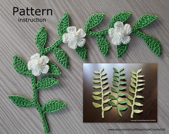 Crochet Leaf Branch Pattern PDF, Small Flower Applique cotton, green leaf pattern, Instructions Knit, Knitted Floral Decor,Irish,Pattern #15