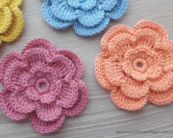 Handmade Crochet Large Flower Applique 3D for craft, knitted woolen flowers for hats, cushions, bags, blankets, knitted floral decor, Set 3"