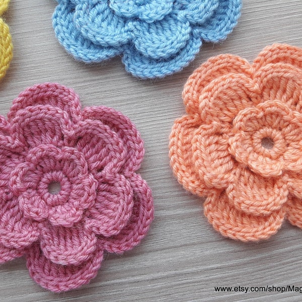 Handmade Crochet Large Flower Applique 3D for craft, knitted woolen flowers for hats, cushions, bags, blankets, knitted floral decor, Set 3"