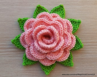 Handmade Rose Crochet Flower, Large knitted rose with leaves, Flowers Applique 3D, Rose for Hat Green leaf,Knitted Floral Decor Eco friendly