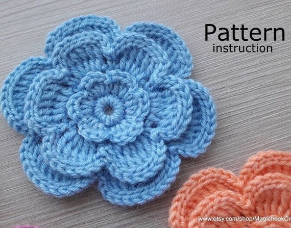 Crochet Flower Pattern PDF for hats, Knitted Floral Decor, Large Three Layer Flower 3d,Knitting Instruction,Digital File Ukraine,Pattern #16