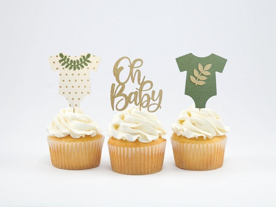 Oh Baby Cupcake Topper/CupcakeTopper/Greenery Cupcake Topper/Oh Baby Shower/Green & Gold Decorations/Gender Neutral Baby Shower Decor