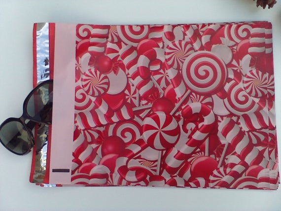 Designer Poly Mailers Shipping Envelopes 10x13 Candy Cane Christmas 50 Pack Red, White