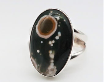 Ocean Jasper Sterling Silver Ring, Size 7.5 (20 x 12 mm)
