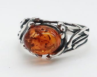 Baltic Amber Sterling Silver Ring, Size 7, Stone 10 x 7 mm