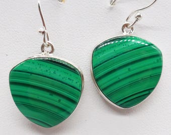 Pendientes de plata de ley con malaquita, piedra de 18 x 18 mm.