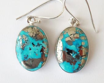 Turquoise with Pyrite/Sterling Silver Earrings, Stone Size is 18 x 12 mm