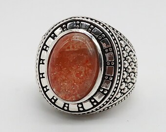 Sun Stone Sterling Silver Ring for Men, Stone 15 x 10 mm, Size 10 1/2