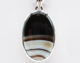 Banded Agate/Sterling Silver Pendant, Stone Size is 32 x 21 mm