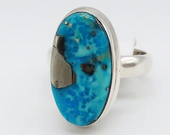 Turquoise with Pyrite Sterling Silver Ring, Statement Ring Size 7