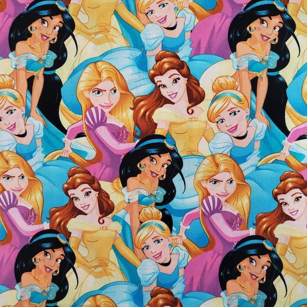 Disney Multi Princess Cotton Fabric by the Yard, 1/2 Yard, Quarter Yard, and Fat Quarter, Belle Jasmine, Rapunzel, Cinderella