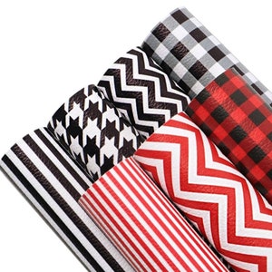 Stripes, Plaid, Houndstooth, Chevron Size A5 Set of 7 Pieces Faux Sheets, Synthetic Leather Sheets, Bow Making, Jewelry Making,  Vinyl