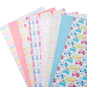 May include: A set of eight patterned faux leather sheets in pastel colors. The patterns include stripes, polka dots, Easter eggs, bunnies, crosses, plaid, and trucks with Easter decorations.
