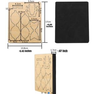 May include: A wooden template for crafting bows and reindeer antlers. The template is 5.43 inches wide and 6.69 inches tall. It includes measurements in centimeters and inches.