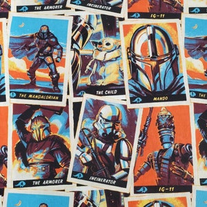 May include: A collection of colorful trading cards featuring characters from the Star Wars: The Mandalorian TV series. The cards feature characters like The Mandalorian, The Child, IG-11, and The Armorer. The cards have a retro, vintage look with a yellow, orange, and blue color scheme.