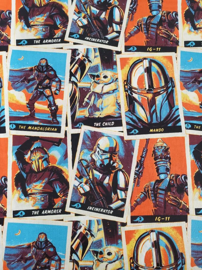 May include: A collection of colorful trading cards featuring characters from the Star Wars: The Mandalorian TV series. The cards feature characters like The Mandalorian, The Child, IG-11, and The Armorer. The cards have a retro, vintage look with a yellow, orange, and blue color scheme.
