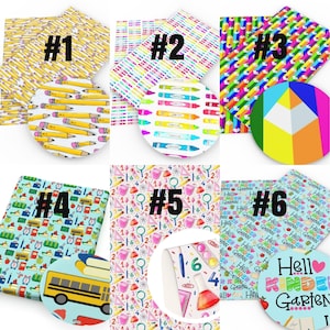 Back to School Faux Leather Sheets, Synthetic Leather, Bow Making, Jewelry Making, Transparent Vinyl, Crayons, Bus, Science, Lab, and Pencil