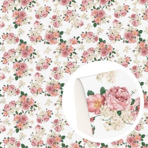 May include: Floral pattern featuring pink roses and white flowers on a white background. The design includes a close-up view of the floral arrangement, showcasing the intricate details of the blossoms and leaves. The pattern is repeated across the surface.