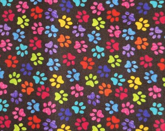 56" Width Small Print Rainbow Paw Print Black Background 100% Cotton Woven Fabric by Yard, 1/2, Fat Quarter, or Quarter Yard, Pets, Dog, Cat