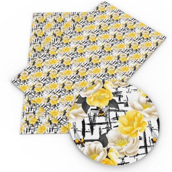 Bee Blooms Faux Leather Sheets, Fall Synthetic Leather Sheets, Bow Making, Jewelry Making, Spring Time, honeycomb, Yellow and White Flowers