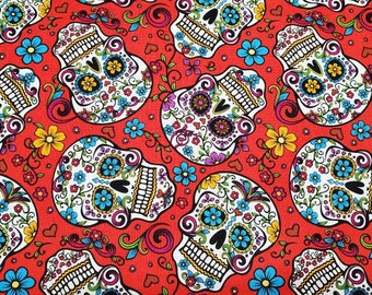 Red Folkloric Sugar Skulls Novelty Cotton Fabric by the Yard or 1/2 Yard or Fat Quarter, Spooky