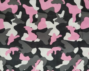 56" Width Camo Pink, Black, Grey, White 100% Cotton Woven Fabric by the Yard, 1/2, Fat Quarter, 1/4 Yard, Nature, Hunting, Tracking