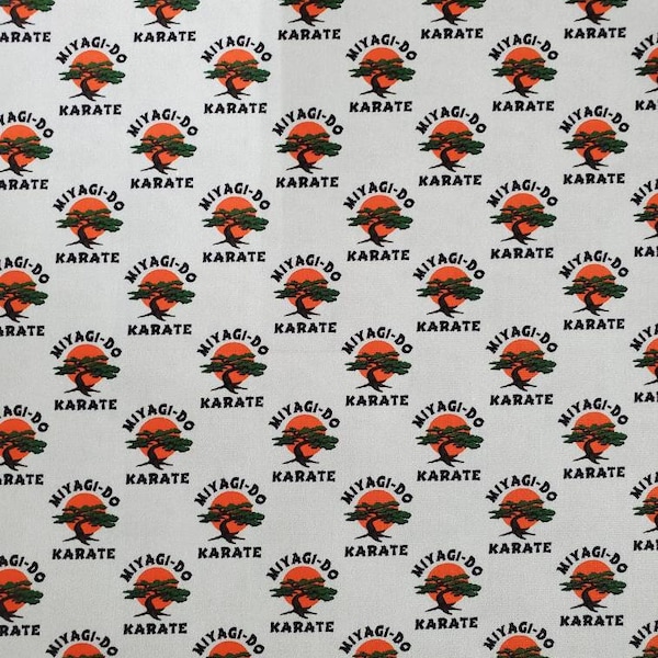 Dojo Logo Small Scale 100% Cotton Fabric by the Yard or 1/2 yard or Fat Quarter or Tumbler Cut, Martial Arts, Grey background, 80's & 90's