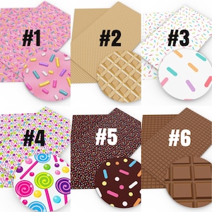 May include: Six different patterned sheets of faux leather, numbered 1 through 6. The patterns include sprinkles, waffle, candy, chocolate, and more.