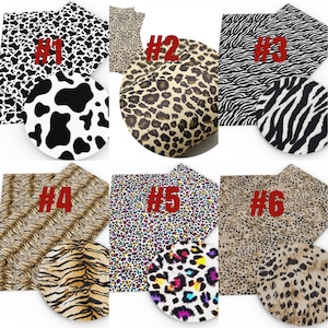 May include: Six different animal print fabric swatches, numbered 1 through 6. The swatches feature cow print, leopard print, zebra print, tiger print, colorful leopard print, and brown leopard print.