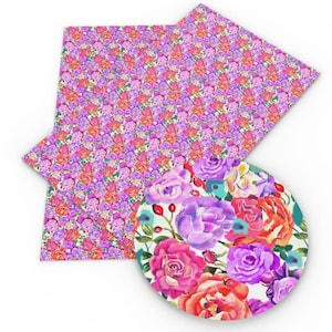 May include: A sheet of floral patterned vinyl with a close-up of a single rose with pink, purple, and orange petals. The pattern is a repeating design of small pink, purple, and orange roses on a white background.