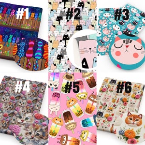 May include: Six different fabric swatches with various patterns.  The swatches are numbered 1 through 6.  Swatch #1 features a wooden fence with colorful cats walking on it.  Swatch #2 features a repeating pattern of cats in various colors and poses.  Swatch #3 features a blue background with white and pink cats.  Swatch #4 features a floral pattern with cats.  Swatch #5 features a pink background with colorful boba tea cups.  Swatch #6 features a white background with floral patterns and cats.