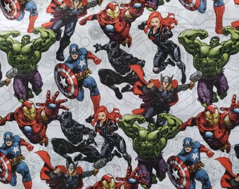 Marvel Avengers Superhero Cotton Fabric by the Yard or 1/2 Yard Iron Man Thor Black Widow Hulk Captain America Black Panther