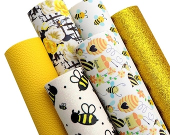 Yellow Bee Set Of 6 Pieces Faux Leather Sheets, Fall Synthetic Leather Sheets, Bow Making, Jewelry Making, Spring Time, honeycomb,