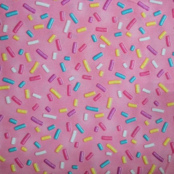 Pink Sprinkles Toss 100% Cotton Woven Fabric by the Yard or 1/2 yard or Fat Quarter or Tumbler Cut , Ice Cream , Dessert,  Treats