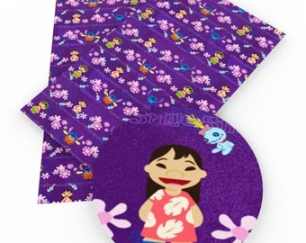 May include: Purple fabric with a repeating pattern of Stitch and Lilo from Lilo & Stitch. The pattern includes pink flowers and blue butterflies. The fabric is shown with a close-up of Lilo in a pink dress with a leaf pattern.