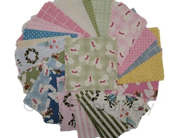 A Wooly Garden 5" Charm Packs, 42 Precut Pieces, Rabbit, Bunny, Floral, Polka-dots, Stripes, Easter, Novelty, Animal, Holiday, Benartex