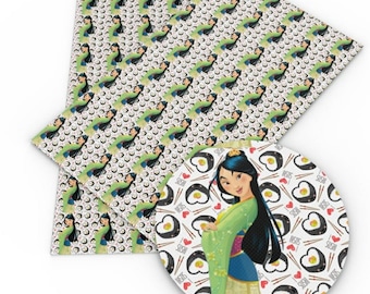 May include: A white background with a repeating pattern of a cartoon Mulan character and sushi rolls. The pattern is surrounded by a larger circle with a cartoon Mulan character in the center. The circle has a white background with a repeating pattern of hearts, sushi rolls, and chopsticks with the text "I love sushi" on them.