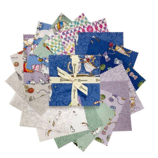 Having A Ball  5" Charm Packs 42 Pieces  Vendor Clothworks Designer Anita Jeram, Cats, Quilt, Blue and Purple, Pets, Animals