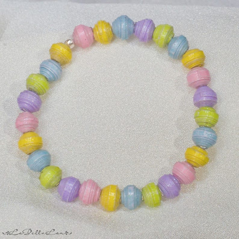 Purple Pink Green Not Candy Handmade Candy Elastic Adjustable Bracelet in Pastel Blue and Yellow Paper Beads Childhood Favorite
