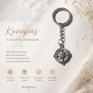 May include: A silver-colored metal keychain featuring a circular compass charm with cardinal directions N, S, E, and W engraved on the rim. The charm is attached to a standard split ring by a short metal chain. Text includes Kompas SLEUTELHANGER.